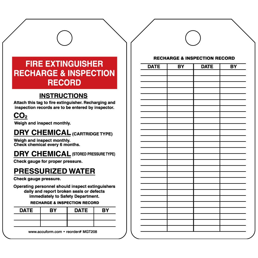 Fire Extinguisher Recharge and Inspection Record Tag